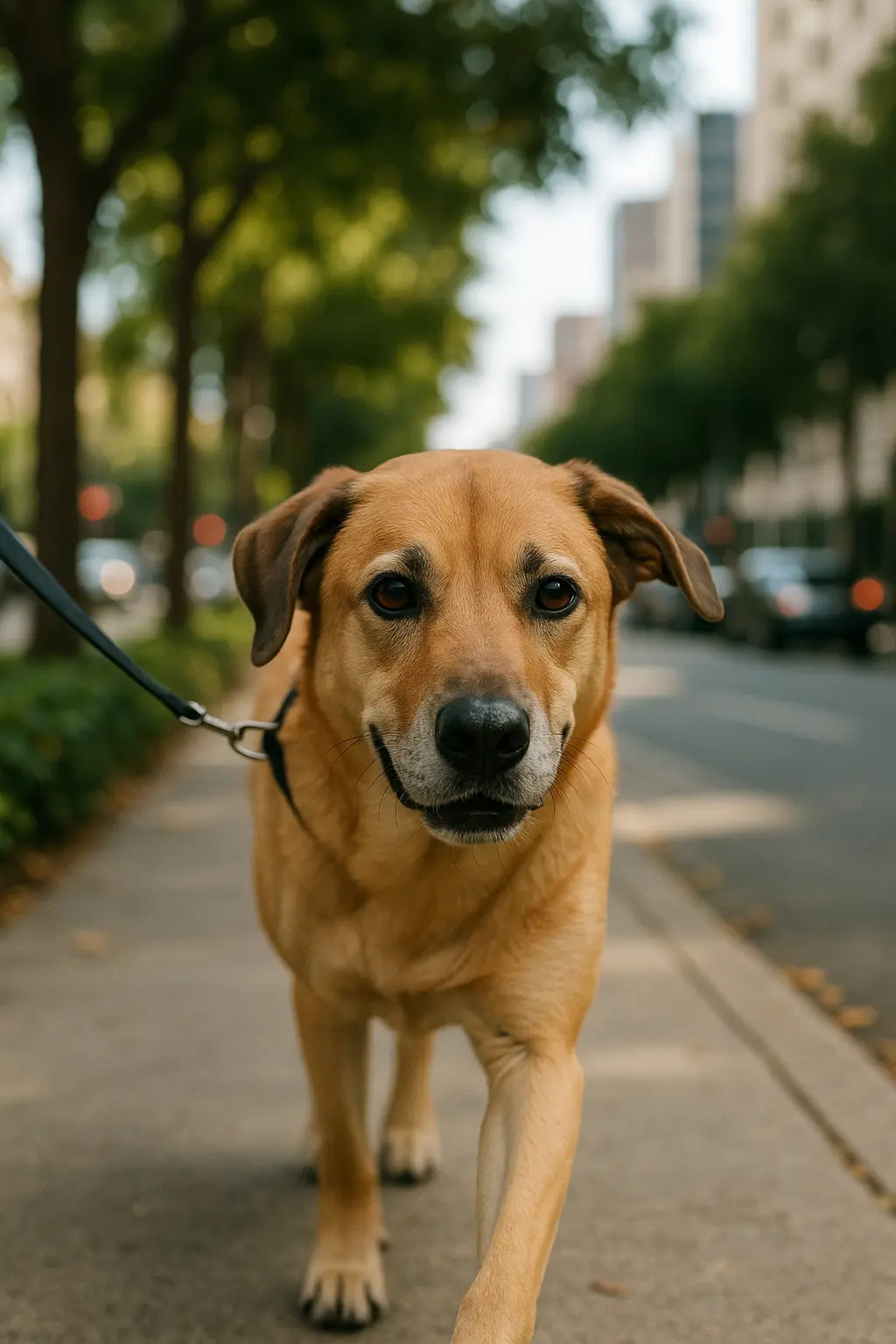 Calm dog walking on leash along a tree-lined Los Angeles street