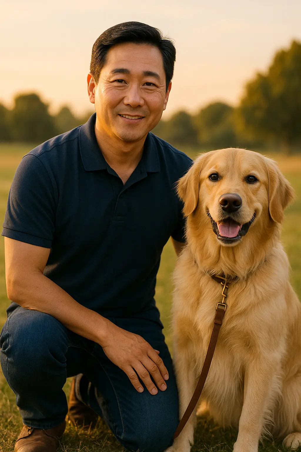 Portrait of Henry Chang kneeling beside a smiling golden retriever at sunset